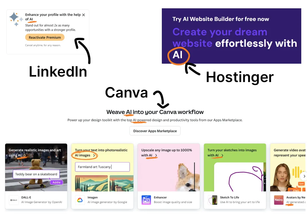 AI buzzwords are everywhere: a collage of adverts and products all shouting about AI features