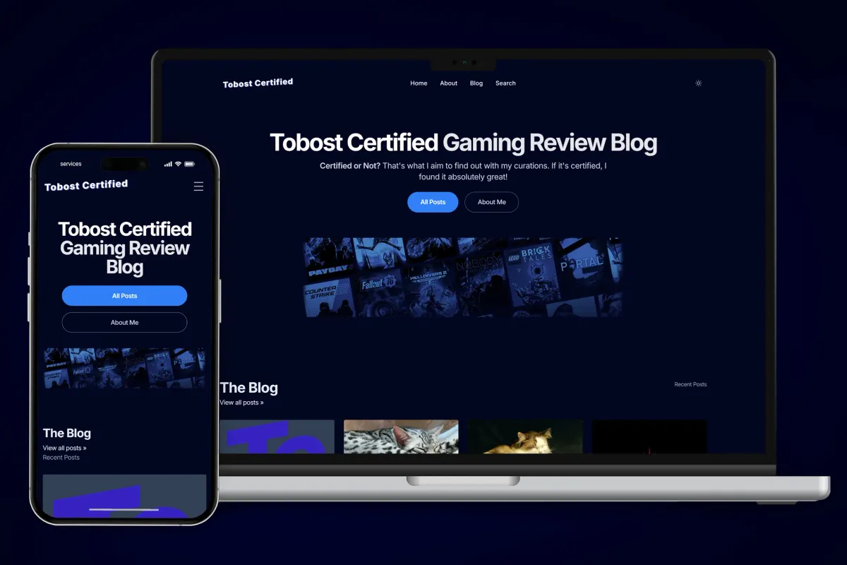 The Tobost Certified gaming blog website on a laptop screen